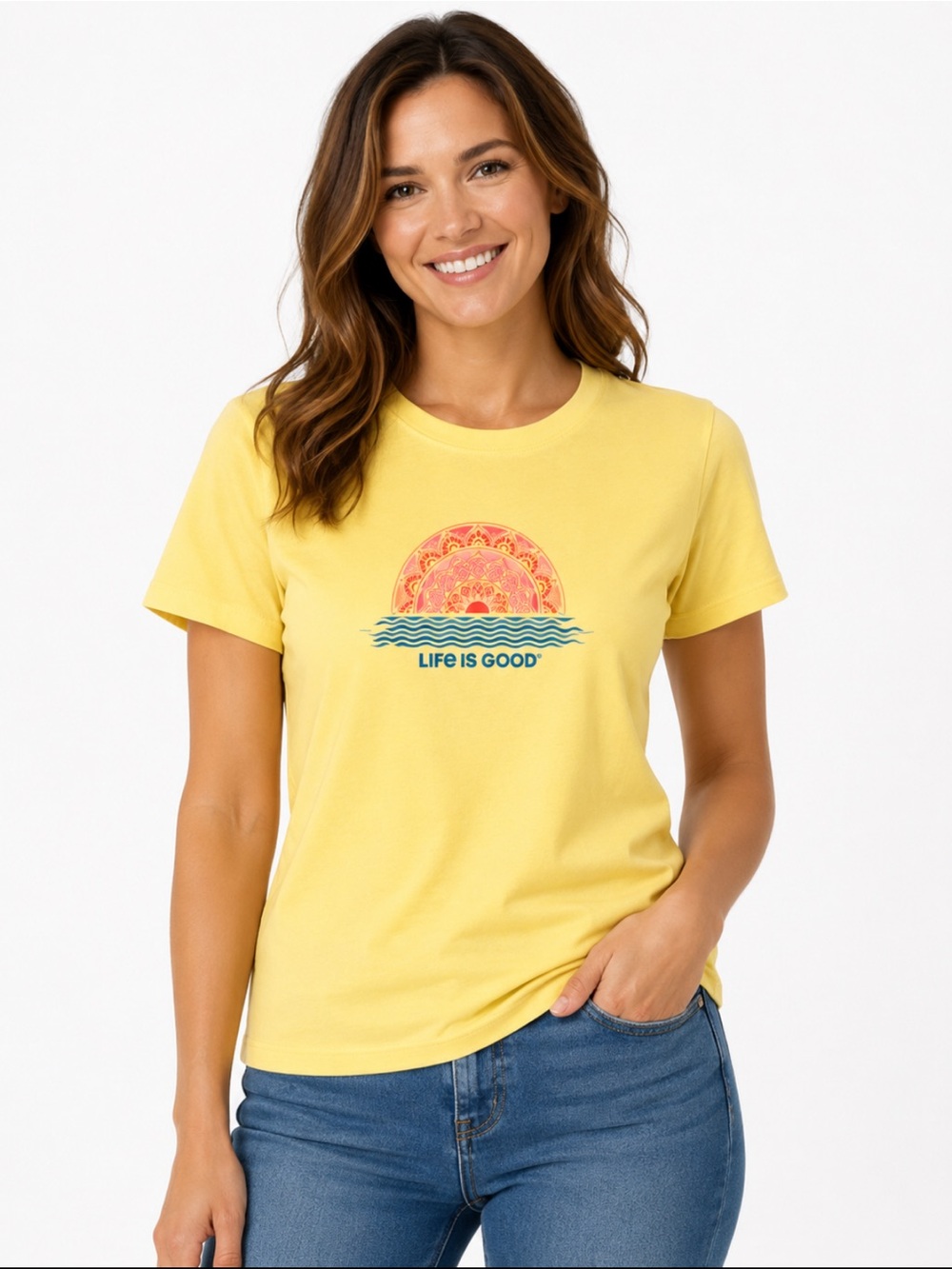 Life Is Good Yellow Sunrise Graphic Tee 100% Cotton Women’s Medium NWT